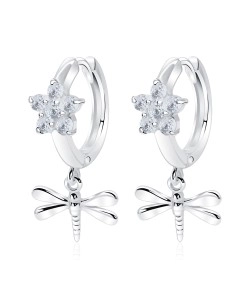 Flower with Dragonfly Hang CZ Silver Huggies Earring HO-2528